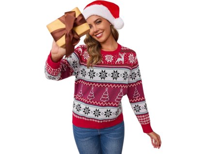 Dámsky červeno-biely vianočný sveter so sobím motívom, stromčekmi a vločkami – veselý zimný úplet na sviatočné obdobie