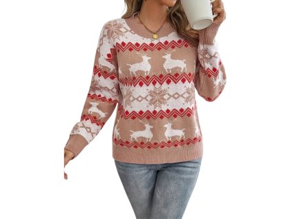 Dámsky béžovo-červený vianočný sveter so sobím motívom a vločkami – mäkký úplet v severskom štýle pre zimné dni