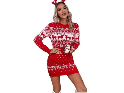 Dámske červené vianočné pletené šaty so vzorom sobov a vločiek – zimná mikulášska tunika s dlhým rukávom