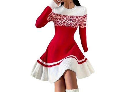 Dámske červenobiele vianočné pletené šaty so severským vzorom – elegantná zimná mikulášska tunika s rozšírenou sukňou