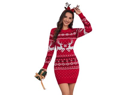 Dámske červené vianočné pletené šaty s bielymi sobmi a vločkami – zimná tunika v mikulášskom štýle