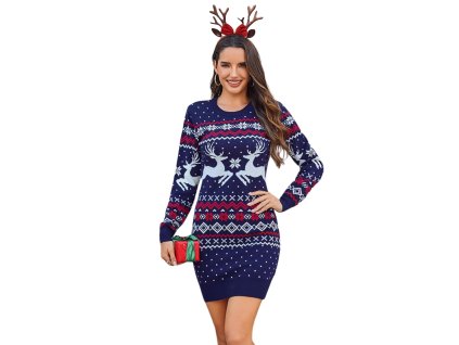 Dámske modré vianočné pletené šaty s bielymi sobmi a vločkami – elegantná zimná tunika na sviatky