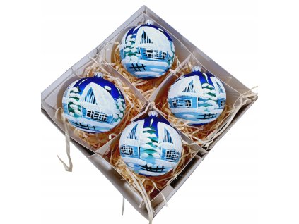 Ručne maľované sklenené vianočné gule – modrý set so zimnou dedinkou (4 ks, Ø 10 cm)