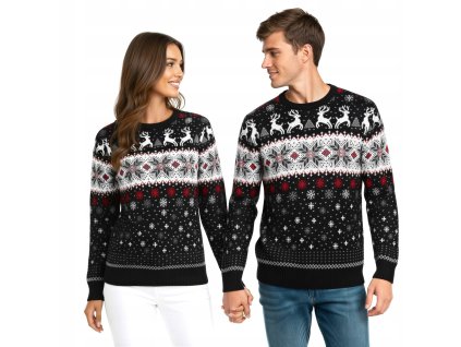 Zladený pár v čiernych vianočných svetroch s nórskym vzorom, sobím motívom a červenými vločkami – ideálny na spoločné sviatky