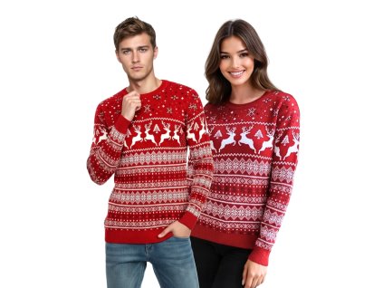 Vianočný červený sveter s nórskym vzorom pre páry – dámsky a pánsky sveter so sobím motívom a vločkami, ideálny na sviatočné chvíle