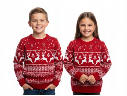Detské červené vianočné svetre s bielym nórskym vzorom a sobím motívom – zladené rodinné svetre pre chlapcov a dievčatá