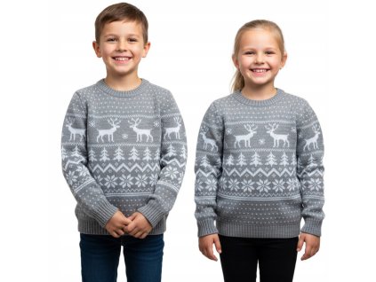 Detské sivé vianočné svetre s nórskym vzorom a sobím motívom – hrejivé svetríky pre chlapcov a dievčatá v jednotnom rodinnom štýle
