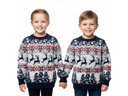 Detské modro-biele vianočné svetre s nórskym vzorom, sobím motívom a červenými vločkami – hrejivé svetríky pre chlapcov a dievčatá v jednotnom rodinnom štýle