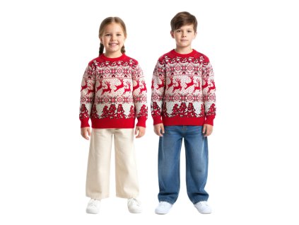 Detské červené vianočné svetre s nórskym vzorom, sobím motívom a vločkami – zladené rodinné svetríky pre chlapcov a dievčatá