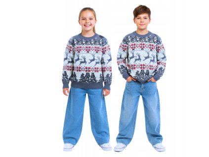 Detské modro-sivé vianočné svetre s nórskym vzorom, sobím motívom a vločkami – hrejivé svetríky pre chlapcov a dievčatá v jednotnom rodinnom štýle