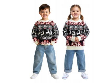 Detské čierno-biele vianočné svetre s červeným nórskym vzorom, sobím motívom a vločkami – štýlové svetríky pre chlapcov a dievčatá