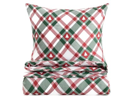 Vianočné obliečky z mikrovlákna s červeno-zeleným károvaným vzorom a malými bielymi stromčekmi – sviatočná posteľná bielizeň.