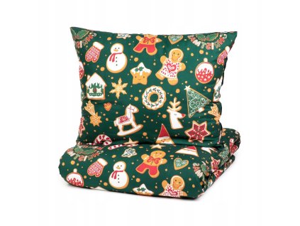 Zelené vianočné obliečky z mikrovlákna s farebným motívom perníkov, stromčekov, sobov a snehuliakov
