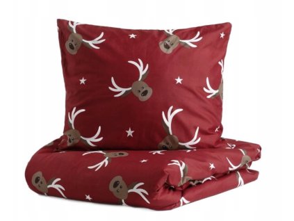 Červené vianočné obliečky z mikrovlákna s veselým motívom sobov a bielych hviezd – hravý zimný dizajn do spálne