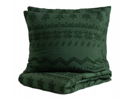 Smaragdovo zelené vianočné obliečky zo žakárového mikrovlákna s plastickým vzorom stromčekov a hviezd pre elegantnú zimnú spálňu