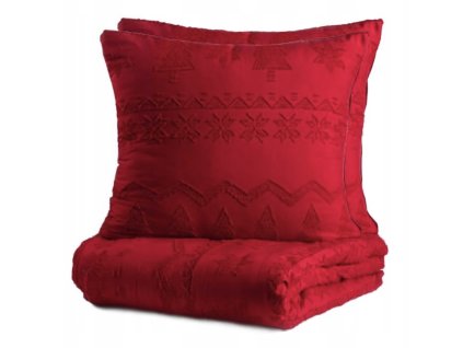 Červené vianočné obliečky zo žakárového mikrovlákna s plastickým vzorom hviezd a stromčekov – teplý akcent do zimnej spálne