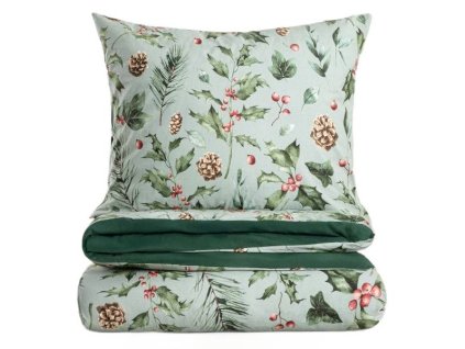Vianočné bavlnené obliečky v zelených tónoch so zimným vzorom šišiek a lístkov – elegantná sviatočná bielizeň