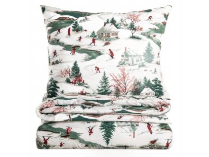 Bavlnené vianočné obliečky s jemným motívom zimnej dedinky – dokonalý doplnok do klasickej spálne