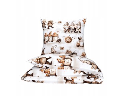 Biele vianočné bavlnené obliečky s hnedým motívom škriatkov, perníčkov a hviezdičiek – hravý zimný dizajn do spálne
