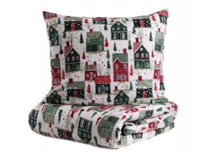 Vianočné flanelové obliečky v krémovej farbe s motívom červených a zelených domčekov – mäkký a teplý zimný dizajn