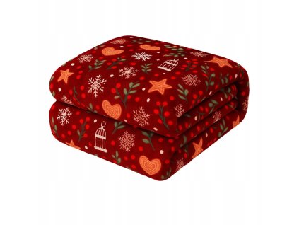 Vianočná červená deka z mikrovlákna so zimnými motívmi – snehové vločky, hviezdy a srdiečka, mäkká a hrejivá na chladné večery