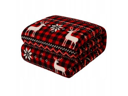 Vianočná červená deka so severským vzorom sobov a vločiek – mäkká, hrejivá a ideálna na zimné večery