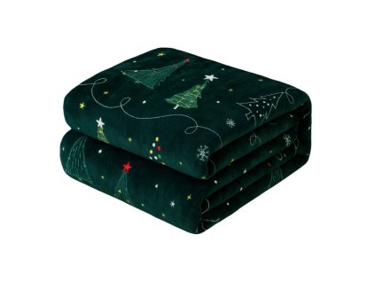 Vianočná smaragdová deka s motívom vianočných stromčekov – mäkká a hrejivá prikrývka z mikrovlákna