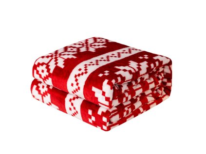Vianočná červená deka s bielym severským vzorom vločiek – mäkká a hrejivá prikrývka na zimné večery