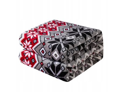 Mäkká sivá vianočná deka s červeným severským vzorom vločiek – hrejivá prikrývka pre útulný zimný domov