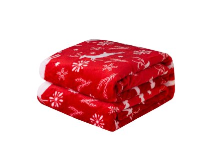 Mäkká vianočná deka v červenej farbe s bielym motívom sobov a vločiek – ideálna na zahriatie počas zimných večerov