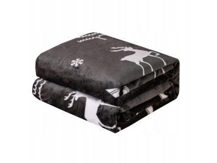 Mäkká sivá vianočná deka s bielymi a zlatými sobmi – elegantná zimná prikrývka pre útulný domov