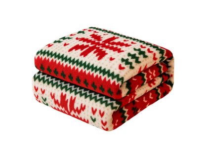 Mäkká krémovo-červená vianočná deka s nórskym vzorom – teplá zimná prikrývka v tradičných farbách Vianoc