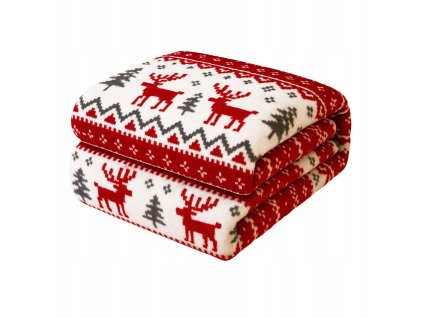 Mäkká bielo-červená vianočná deka so sobmi a stromčekmi – teplá prikrývka v severskom štýle pre zimné večery