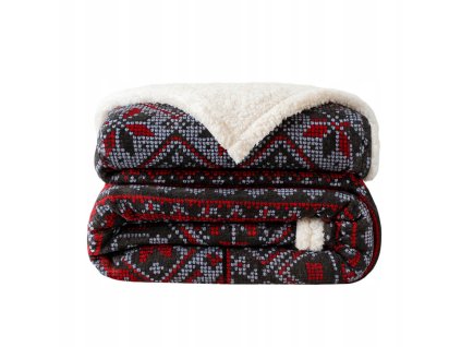 Mäkká sivá vianočná deka s barančekom a červenými severskými vzormi – teplá obojstranná prikrývka pre zimné dni