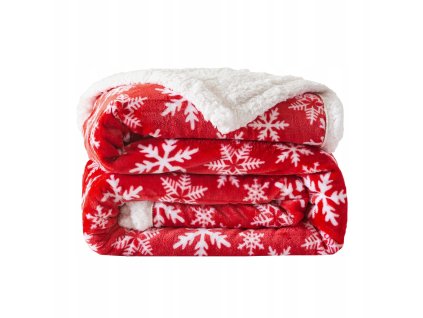 Červená vianočná deka s bielymi vločkami a barančekom – obojstranná zimná prikrývka pre teplo a pohodu domova