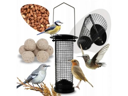 Závesné kovové kŕmidlo pre vtáky s mriežkou – sýkorky a iné vtáky pri kŕmení orechmi a lojovými guľami