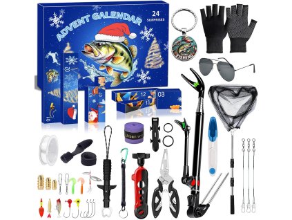 Súprava Adventný kalendár pre rybárov s 24 prekvapeniami – háčiky, nástrahy, rukavice, sieťka a doplnky v modrom darčekovom balení s motívom ryby