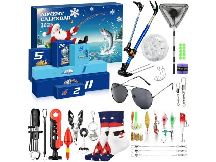 Adventný kalendár pre rybárov 2025 – 24 rybárskych prekvapení vrátane nástrah, háčikov, rukavíc, okuliarov a doplnkov v modrom darčekovom balení so Santom