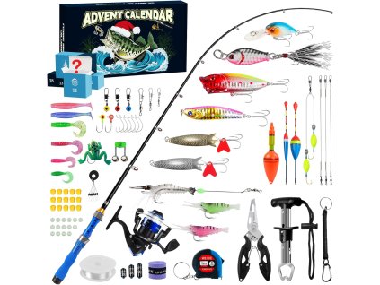 Prémiový adventný kalendár pre rybárov 2025 – sada s uhlíkovým prútom, navijakom, nástrahami, háčikmi a príslušenstvom pre profesionálne rybárčenie