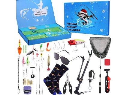 Adventný kalendár pre rybárov 2025 – 24 rybárskych prekvapení vrátane háčikov, rukavíc, sieťky, okuliarov a doplnkov v modrej darčekovej sade