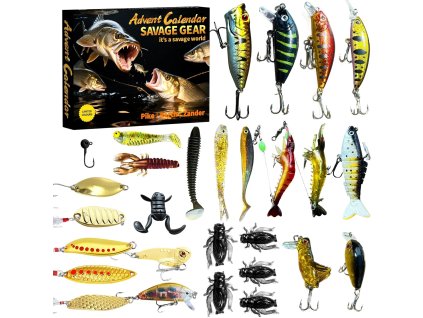 Adventný kalendár Savage Gear 2025 – kompletná sada 24 realistických nástrah rôznych tvarov a farieb pre športový rybolov