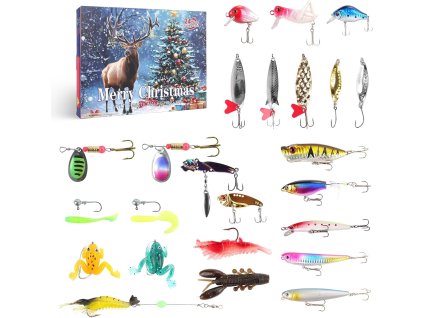 Vianočný adventný kalendár pre rybárov – 24 realistických nástrah vrátane žaby, raka, woblerov a háčikov v pestrých farbách na sladkovodný aj morský rybolov