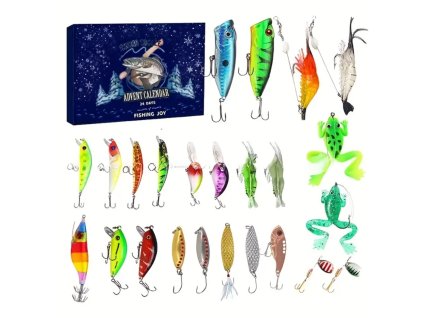 Adventný kalendár Fishing Joy – sada 24 rybárskych nástrah s realistickými farbami a tvarmi pre sladkovodný aj morský rybolov