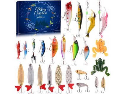 Modrý adventný kalendár pre rybárov – sada 24 kovových a plastových nástrah na lov v sladkej aj slanej vode