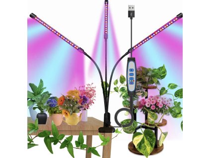 LED grow lampa s tromi LED ramenami a plným spektrom osvetlenia, určená na podporu rastu viacerých rastlín naraz.