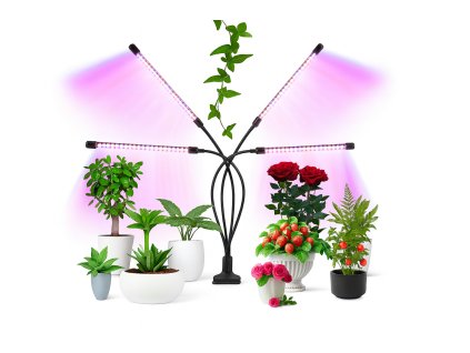 LED grow lampa so štyrmi ramenami a plným spektrom osvetľujúca izbové rastliny, kvety a bylinky