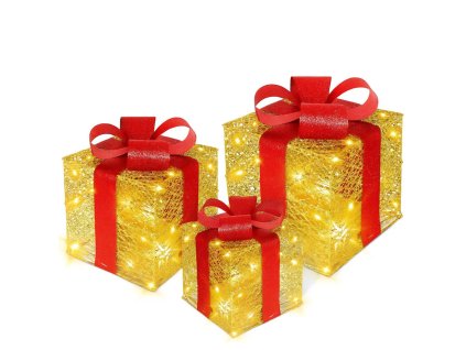 Sada troch svietiacich vianočných darčekových dekorácií so zlatým osvetlením a červenými mašľami.