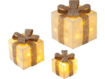 LED darčekové boxy GOLD – sada troch svetelných dekorácií so zlatou mašľou