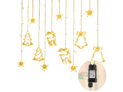 Grafický prehľad vianočných LED motívov – hviezda, sobík, stromček a zvonček s teplým bielym svetlom.