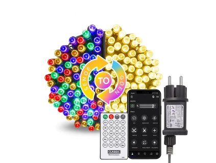 Smart LED svetelná reťaz v teplej bielej a RGB farbách s mobilnou aplikáciou, diaľkovým ovládačom a adaptérom.